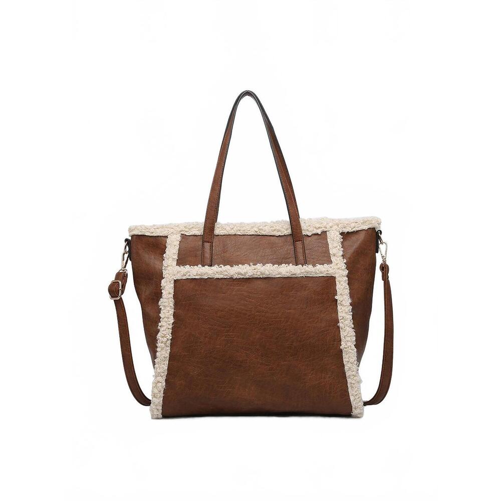 NEW JEN & CO. women's lulu sherpa trim tote bag in dark brown